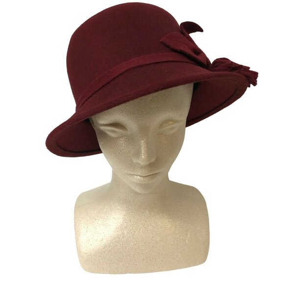 Women Lady Fedroas Hat Burgundy‎ Fashion Dome Cap Flower 100 % Polyester 57CM - Picture 5 of 6